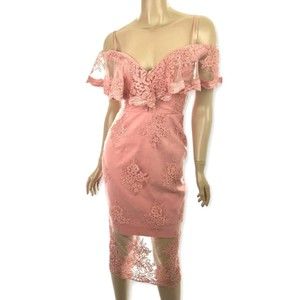 Nicolas Octavia Peach Ruffled Pencil Midi Dress Size 2 Off Shoulder Nylon